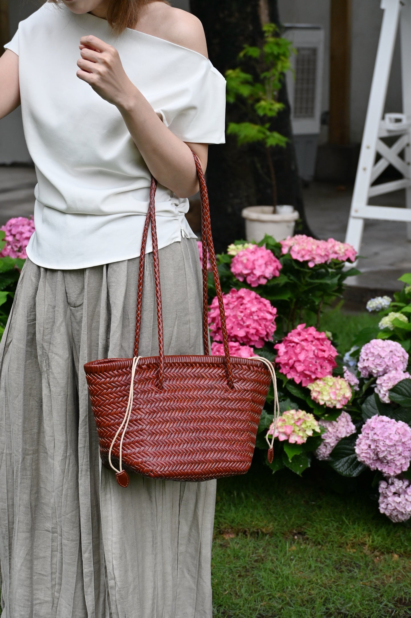Woven Leather Bucket Bag