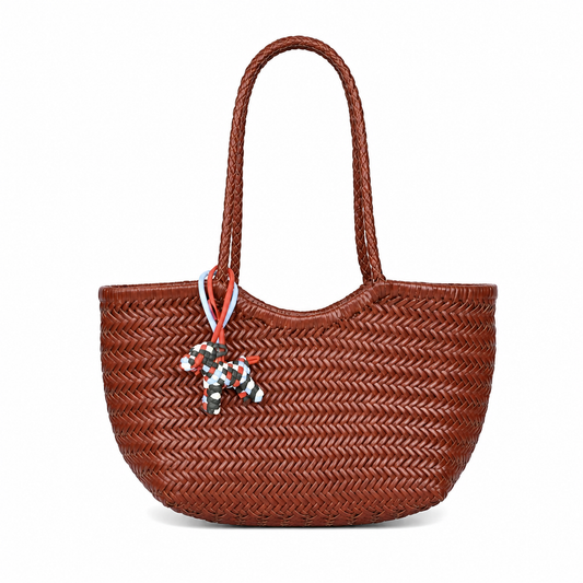 Brown Handwoven Leather Basket Tote Bag