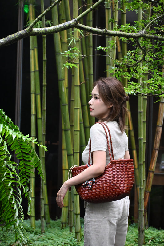 Brown Handwoven Leather Basket Tote Bag