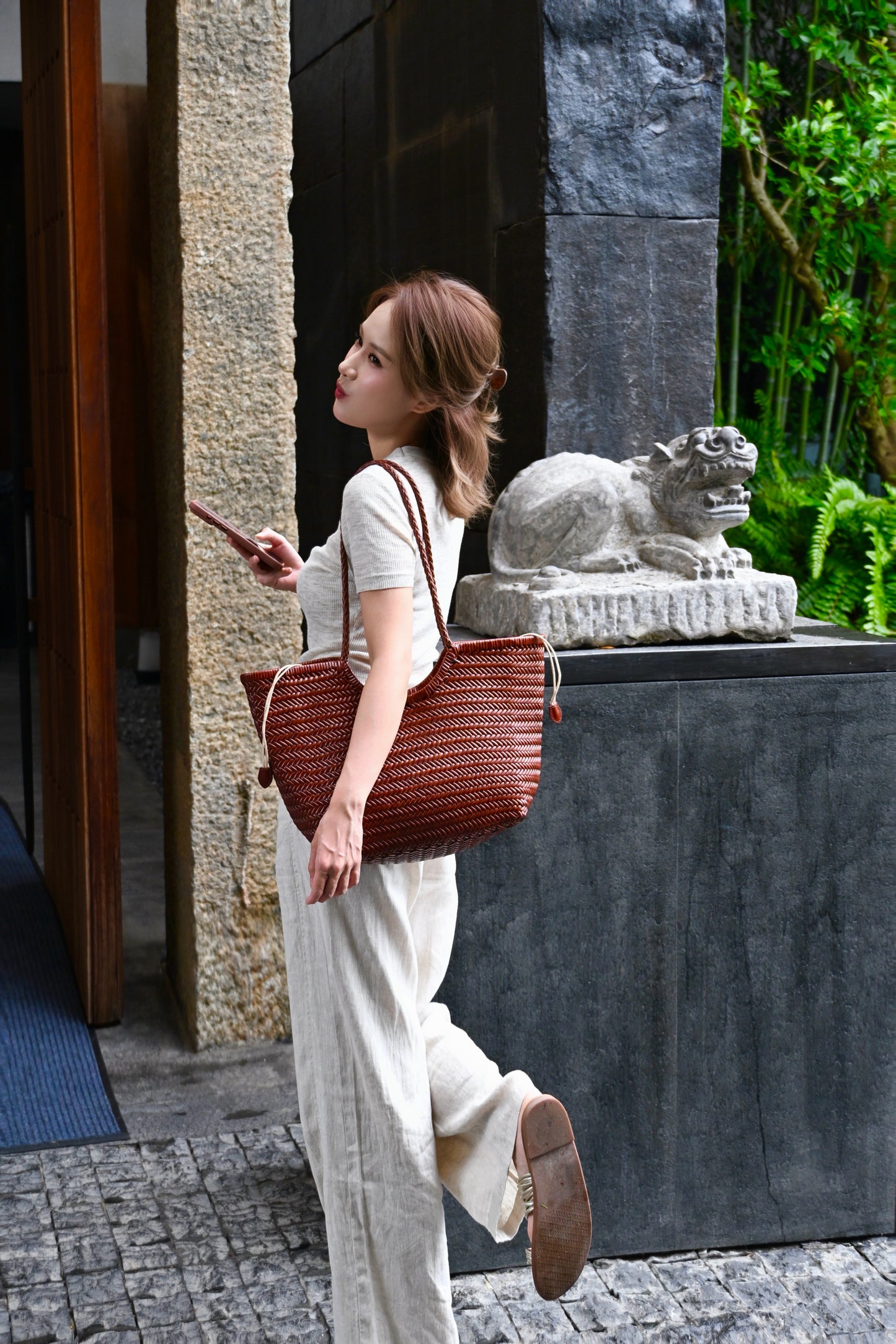 Brown Handwoven Leather Basket Tote Bag