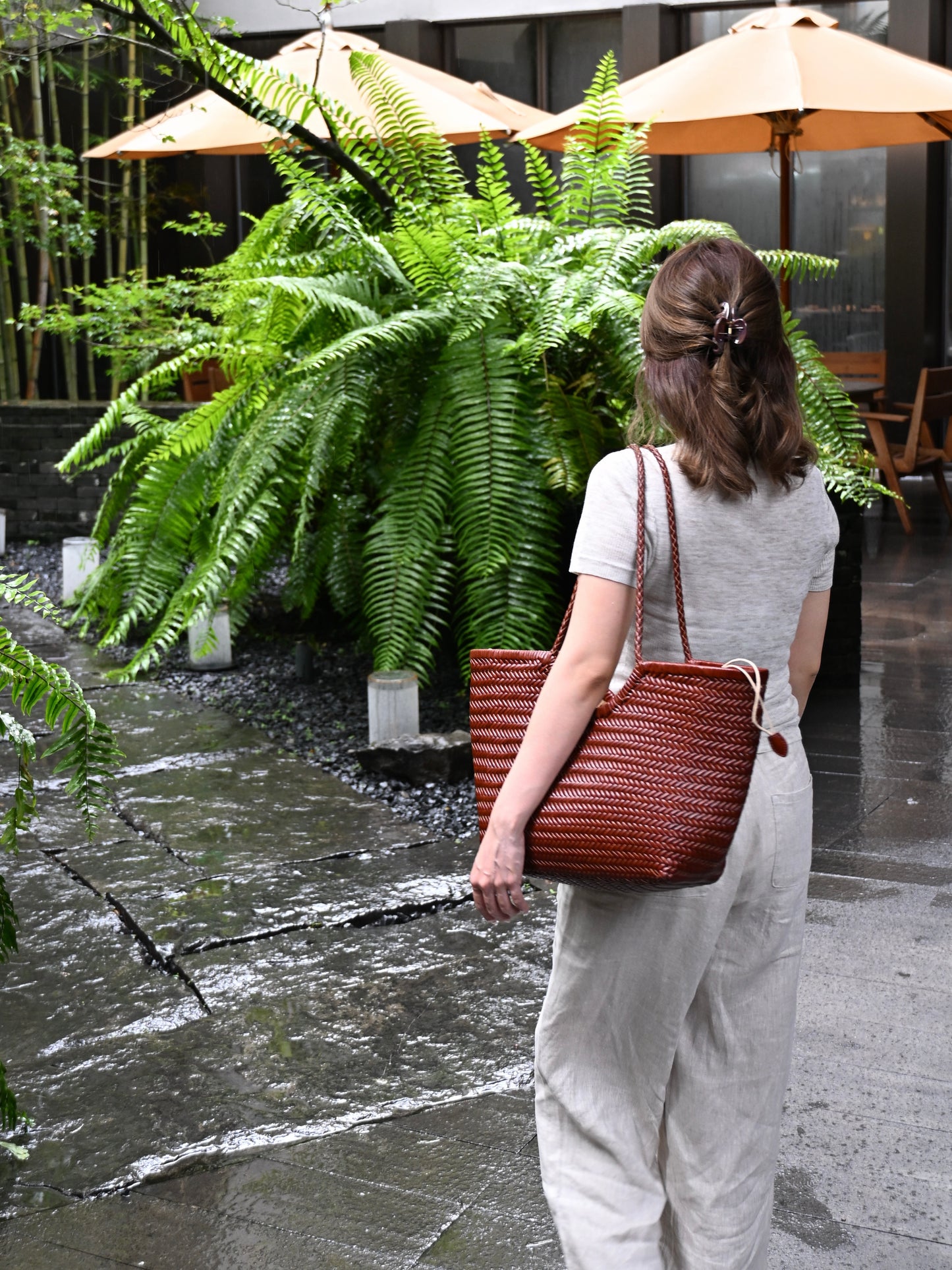 Brown Handwoven Leather Basket Tote Bag